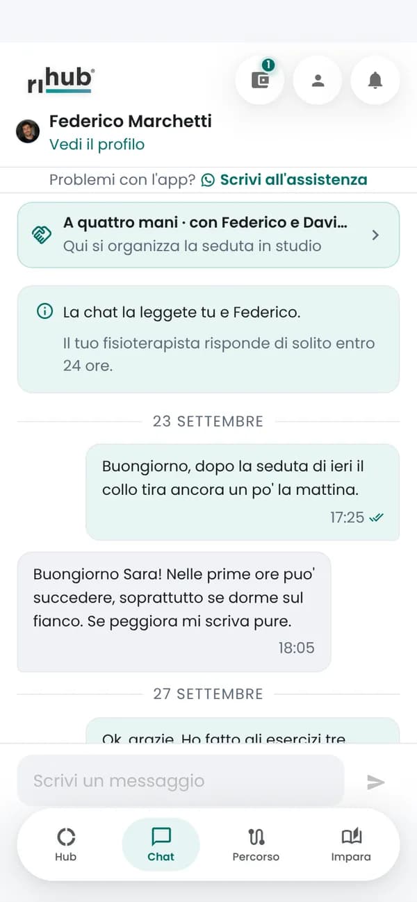 La chat con il proprio fisioterapista dentro l'app, con le risposte ai messaggi mandati fra una seduta e l'altra.