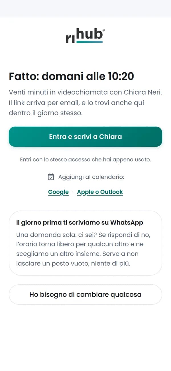 La conferma del colloquio: giorno e ora, il nome della fisioterapista e il promemoria su WhatsApp il giorno prima.