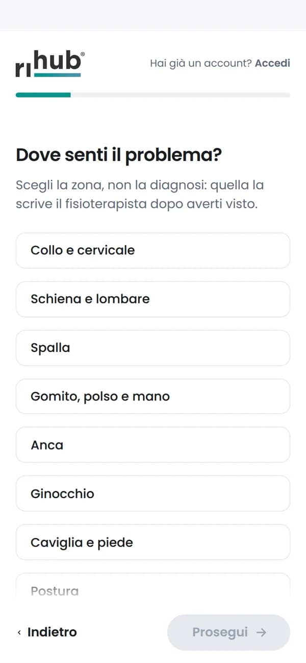 Il questionario di Ri-Hub chiede dove si sente il problema: collo, schiena, spalla, gomito, anca, ginocchio, caviglia.
