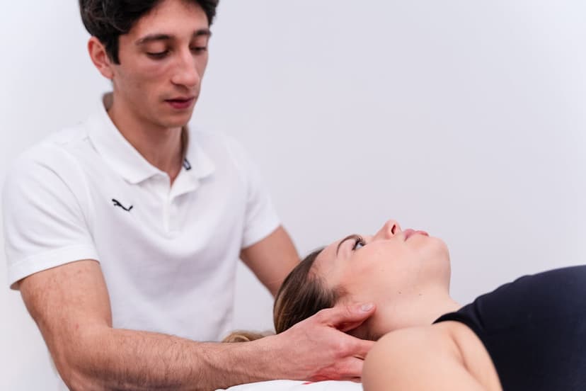 Il fisioterapista in polo bianca ripreso in piedi dietro il lettino mentre osserva le proprie mani che lavorano sul collo della paziente supina