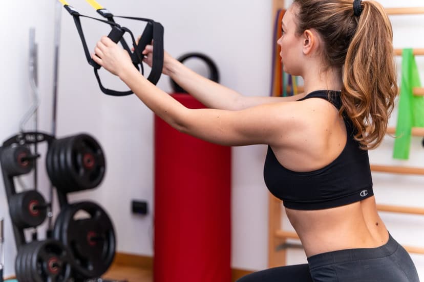 Ragazza vista di spalle con coda di cavallo che tira in avanti le maniglie nere del TRX in posizione di squat; manubri e colonna rossa sullo sfondo.