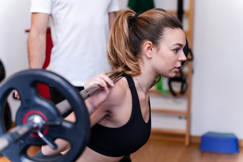 Donna con bilanciere nella fase di discesa dello squat, il fisioterapista che osserva di lato