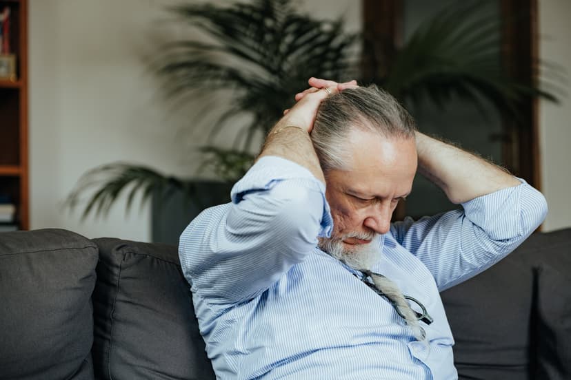 Signore anziano seduto sul divano di casa che solleva un bastone sopra la testa con entrambe le braccia.