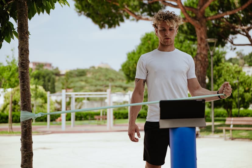 Ragazzo in maglietta bianca che tende una banda elastica in un campo sportivo alberato.