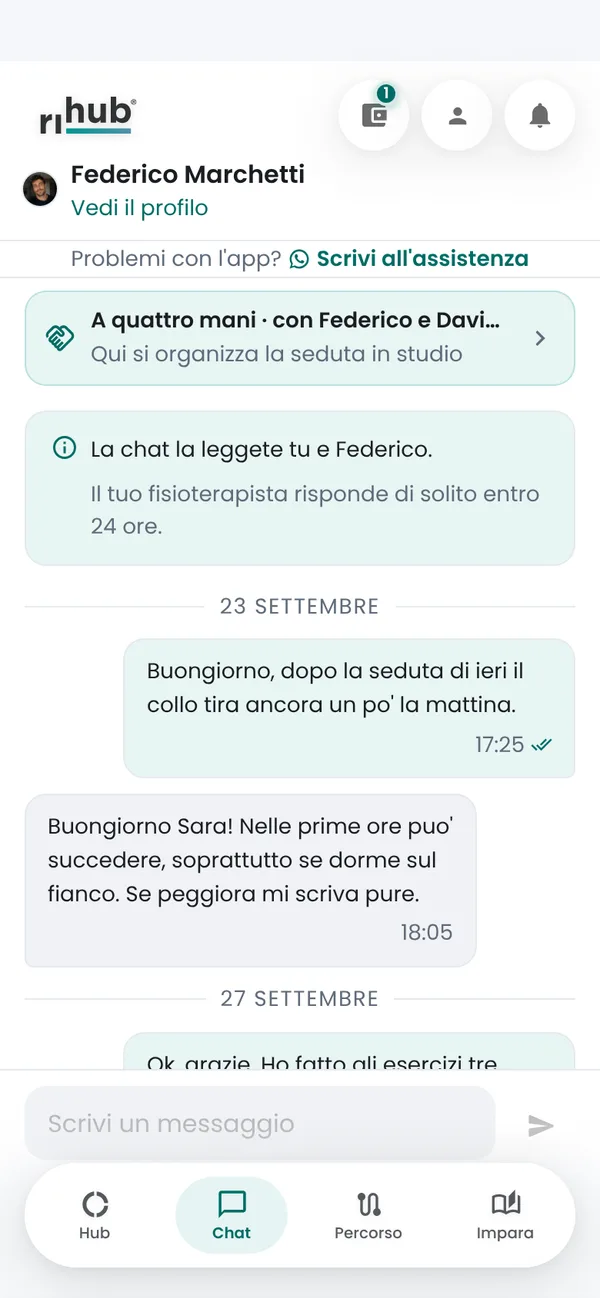 La chat con il proprio fisioterapista dentro l'app, con le risposte ai messaggi mandati fra una seduta e l'altra.