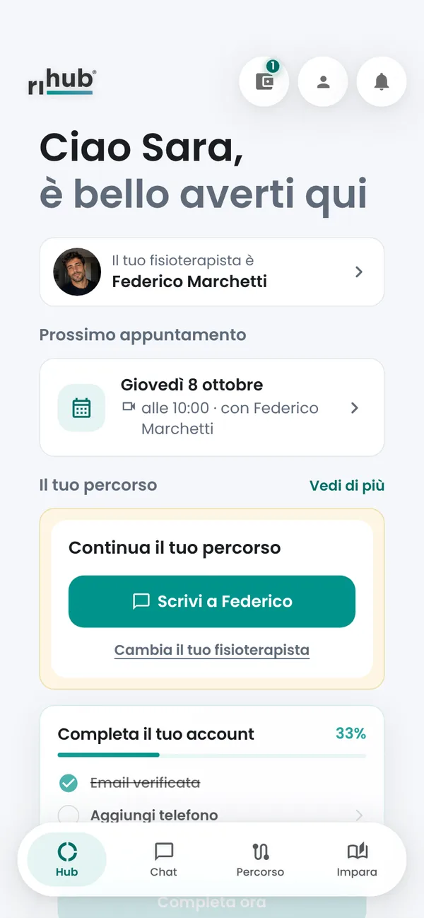 La schermata principale dell'app: il fisioterapista assegnato, il prossimo appuntamento e l'anello con sedute, attività e livello di dolore.