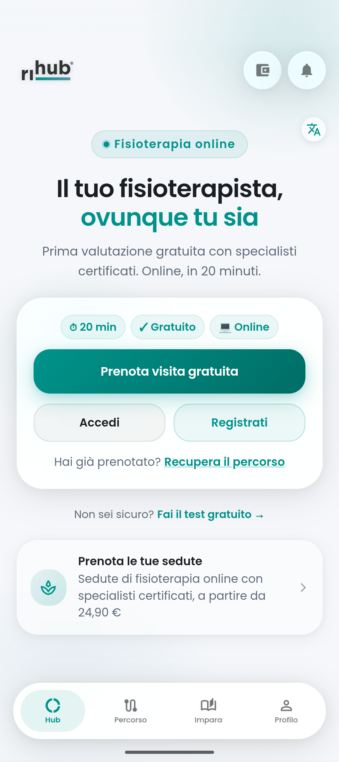 Schermata home Ri-Hub: prenota visita gratuita